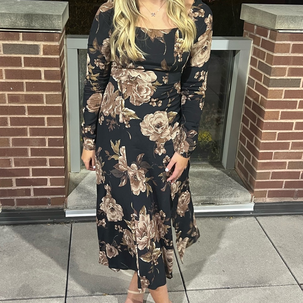 Floral Black and Brown Midi Dress